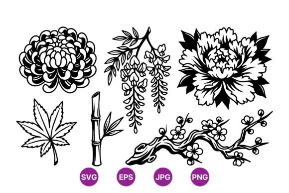 Asian Floral Line Art Set: Premium Graphics and Illustrations for Modern Branding