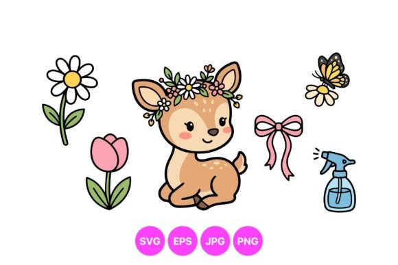 Cute Baby Deer Floral Clipart Graphics for Illustrations