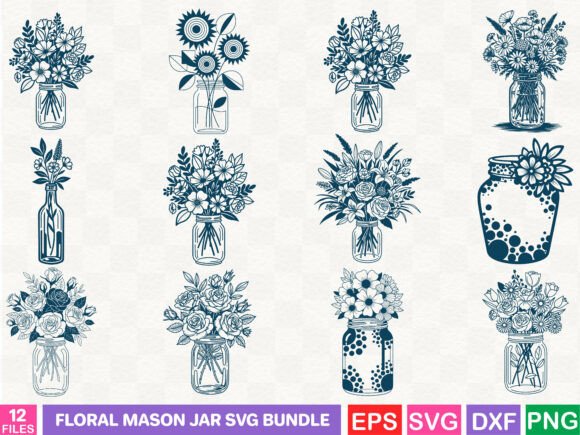 Floral Mason Jar SVG Bundle: Graphics & Illustrations