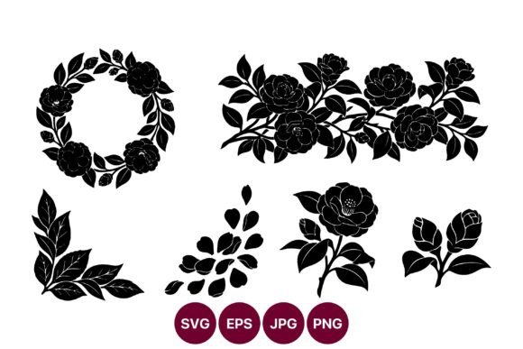 Floral Vector Silhouette Roses Leaves Graphics