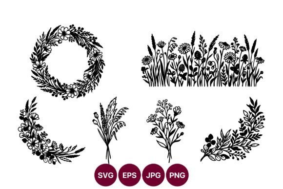 Floral Wreaths Black and White Vector Graphics