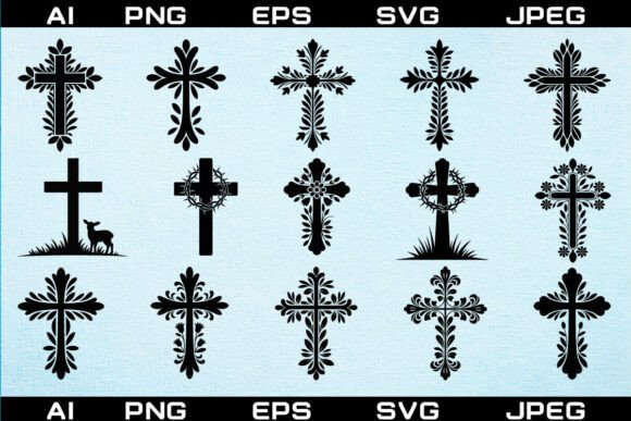 Ornate Christian Floral Cross Bundle Png for Graphics