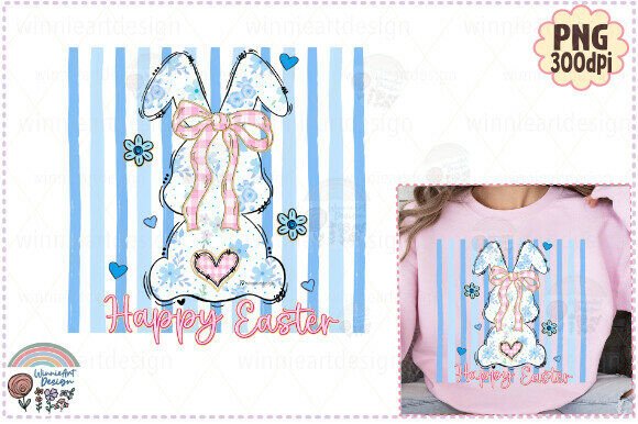 Striped Happy Easter Bunny Blue Floral Graphics & Illustrations Review