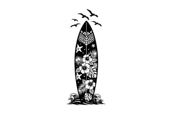 Surfboard Silhouette with Floral Graphics & Illustrations